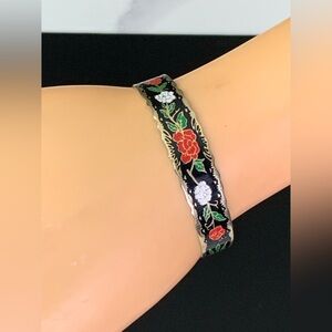 VINTAGE CLOISONNE Bracelet, ENAMEL Flower CUFF BANGLE / gold Plated